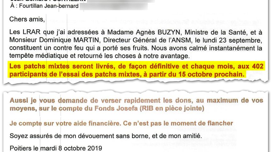 Extrait du mail du 8/10/2019 - 3 semaines après l’interdiction de ses patchs, M. Fourtillan en promet à ses patients.