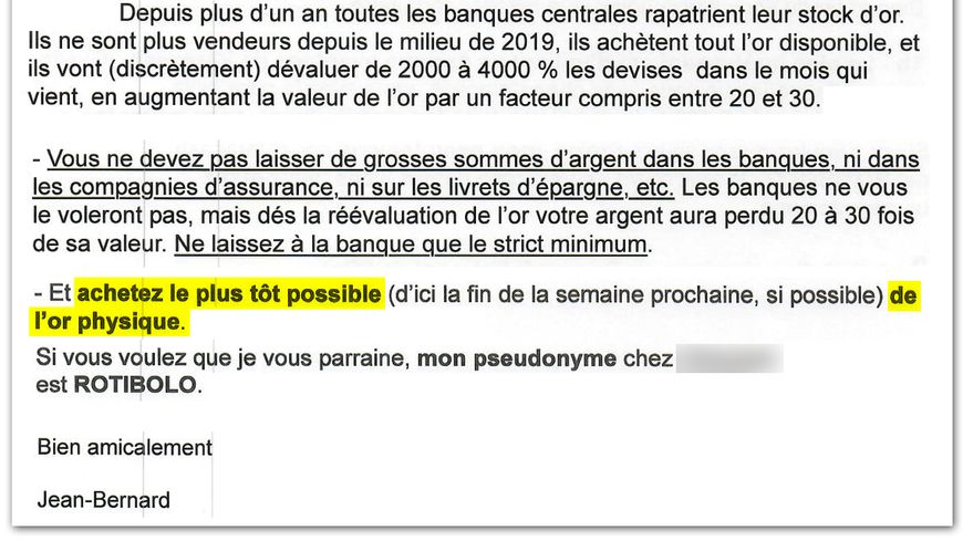 Extrait du mail du 19/03/2020 - M. Fourtillan incite ses patients à acheter de l’or.
