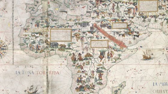 Détail de la carte du monde par Pierre Desceliers en 1550, illustrations peintes à la main. Représentation sans doute commandée par Henri II ou le Duc de Montmorency. B. Savoy commente cette mappemonde dans son cours. - Pierre Desceliers/Wikicommons/ British Library