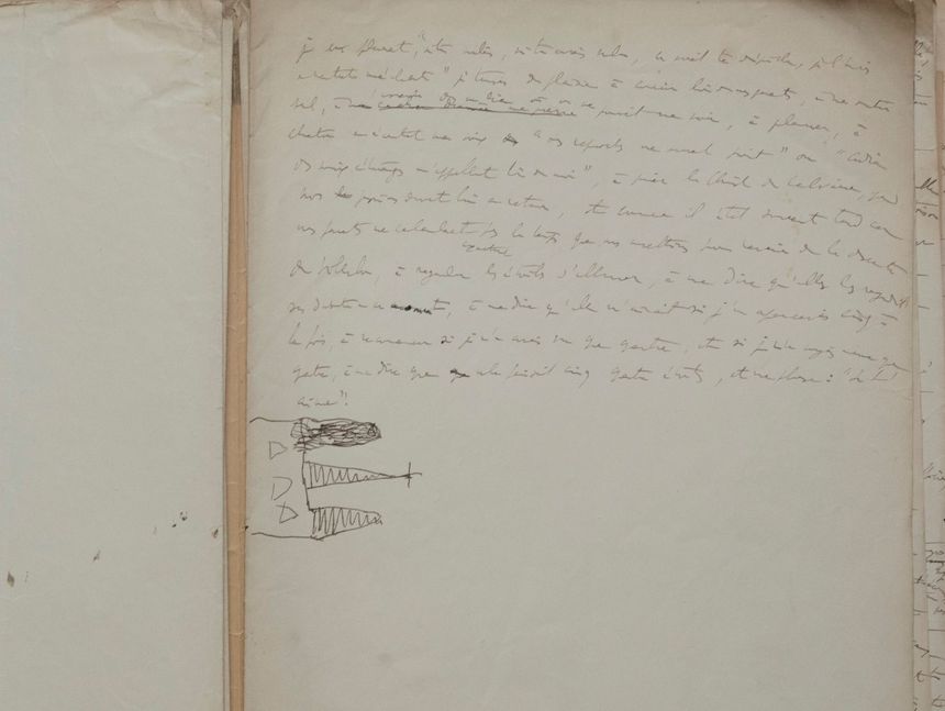 “Ce sont des feuillets très imposants, de 36 cm de long et 23 cm de large. Il y a aussi trois petits croquis, discrets : un profil féminin, un dessin abstrait d’une tour et une église. Proust dessinait souvent des églises” : Nathalie Mauriac Dyer