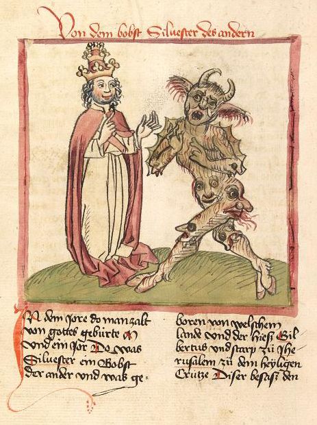 Gerbert d'Aurillac (Sylvestre II) dialoguant avec le diable, car il a introduit les chiffres indo-arabes