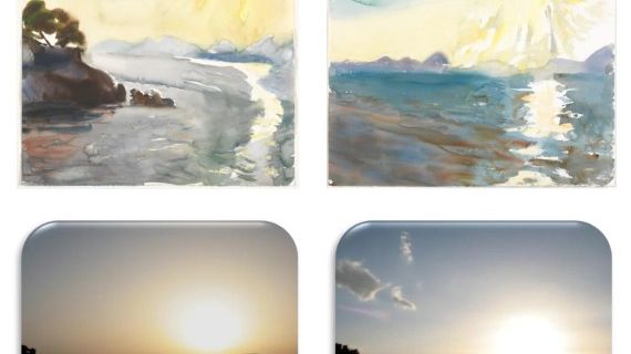 En haut : les aquarelles de Panayiotis Tetsis avant et après le nuage de poussières. En bas : les photographies de ces mêmes scènes.