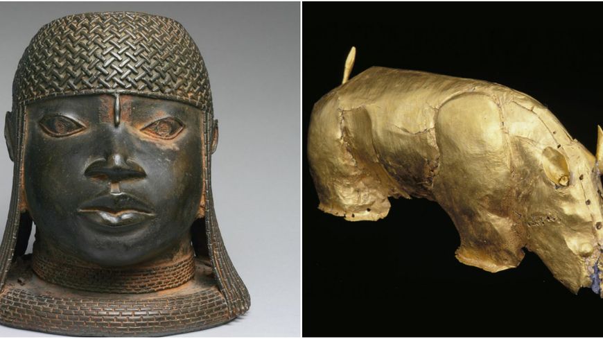 Tête en laiton d'un Oba (XVIe siècle), Nigéria, Cour du Bénin, peuples d'Edo/Rhinocéros d’or de Mapungubwe, sans doute réalisé vers 1220-1290. Trouvé dans la collection de l'Université de Pretoria.