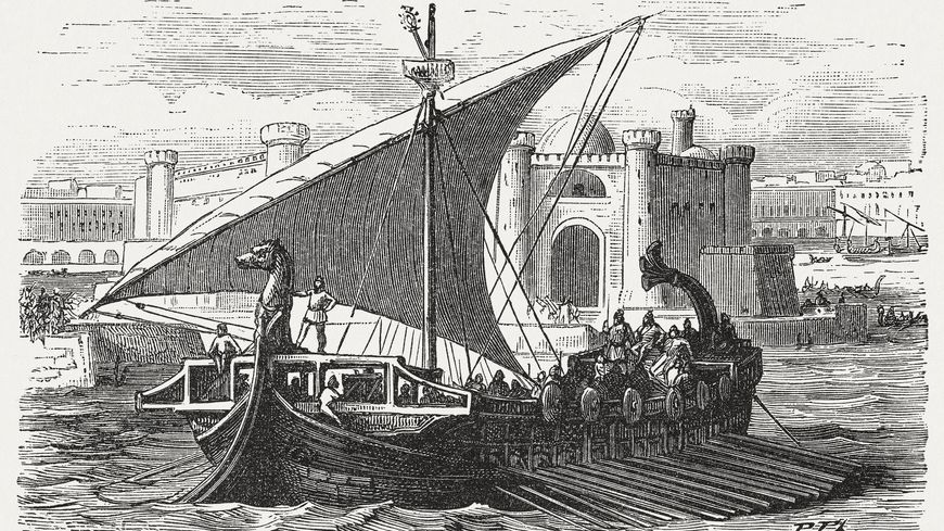 Arrivée de marchands phéniciens sur leurs bateaux caractéristiques (gravure de 1880).