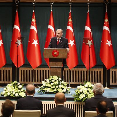 Le président turc, Recep Tayyip Erdoğan, en conférence de presse depuis le palais présidentiel, à Ankara, le 21 septembre 2020.