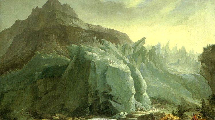 Glacier inférieur de Grindelwald après l'avancée de 1770, par Caspar Wolf (1774). Les blocs rocheux inférieurs sont partiellement recouverts de glace. Vue près de l'entrée de la gorge du glacier.