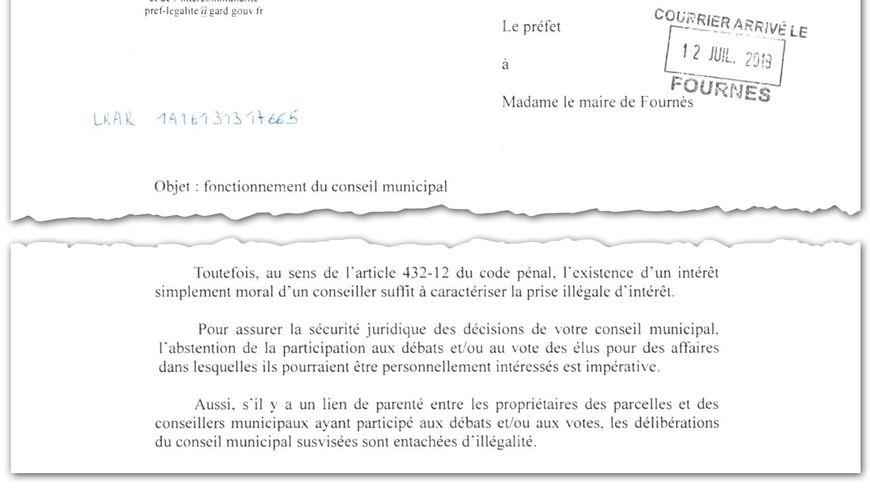 En juillet 2019, la préfecture du Gard écrit à la maire de Fournès et alerte sur le risque de prise illégale d’intérêts pour certains conseillers municipaux.