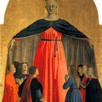 Légende figure 34, p.150 / Piero della Francesca, Vierge de Miséricorde, panneau central du Polyptyque de la Miséricorde, vers 1454, Sansepolcro, Museo Civico