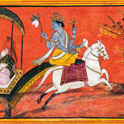 Krishna conduit le char d'Arjuna École pahāṛī, Kāṇgrā, vers 1780. Gouache et or sur papier. National Museum, New Delhi