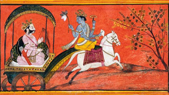 Krishna conduit le char d'Arjuna École pahāṛī, Kāṇgrā, vers 1780. Gouache et or sur papier. National Museum, New Delhi - © Courtesy of the National Museum, New Delhi/photo Munish Khanna