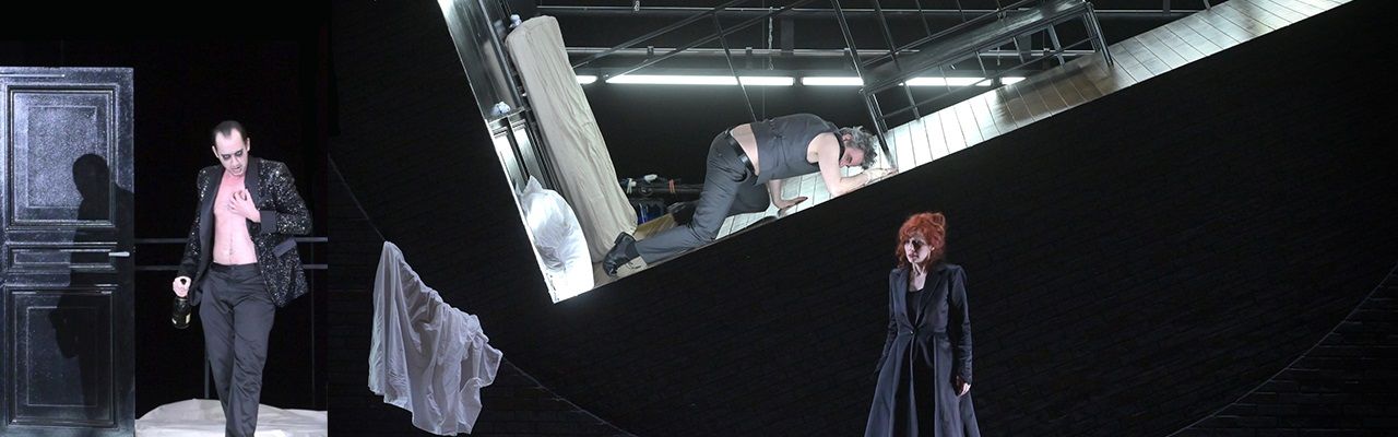 Escaich, Point d’orgue – livret et mise en scène Olivier Py, création le 5 mars 2021 : Patricia Petibon (Elle), Cyrille Dubois (L’Autre, à gauche), Jean-Sébastien Bou (Lui)