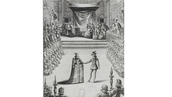 Louis XIII et Anne d'Autriche dansant devant Marie de Médicis et la cour . Artiste français XVIIe siècle - BnF-Gallica