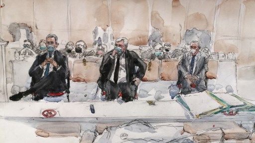 Croquis d'audience du 1er mars 2021 : Nicolas Sarkozy, Thierry Herzog et Gilbert Azibert.