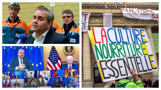 Xavier Bertrand en 2018 / Sommet virtuel de l'UE avec la participation de Joe Biden, 25 mars 2021 / Manifestation devant le Théâtre de l'Odéon, 15 mars 2021 ©AFP - PHILIPPE HUGUEN / 1ES - IMAGES / Bruno Levesque (MaxPPP)