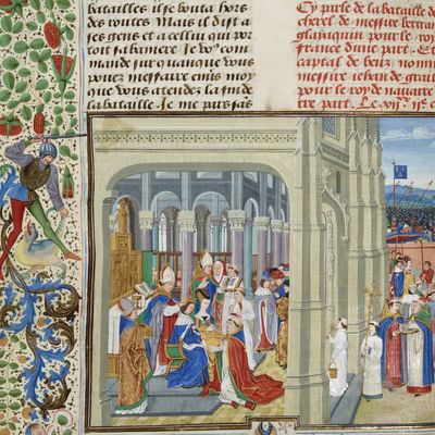 Couronnement de Charles V le 19 mai 1364, miniature des Grandes Chroniques de France par Jean Froissart vers 1470-1475.