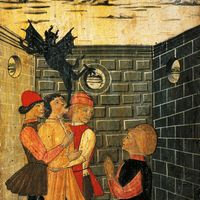 St Eligius releases a demon from the possessed, detail from the Stories of the life of St Eligius, 15th century.