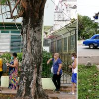 Des patients font la queue devant le cabinet médical de famille, pendant que l’infirmière fait du porte-à-porte dans le quartier de Place de la Révolution à La Havane. Février 2021