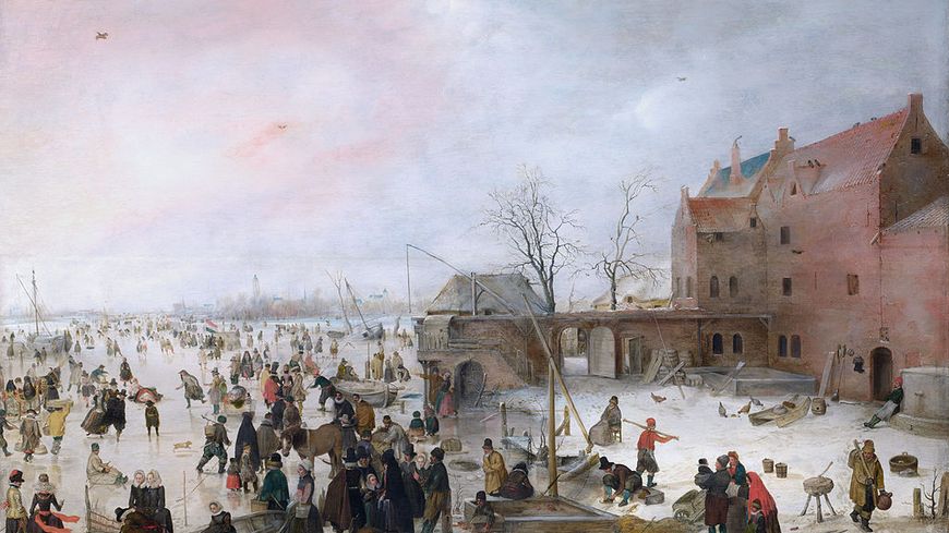 "Scène sur la glace près d'une ville", Hendrick Avercamp, 1610, National Gallery, Londres.