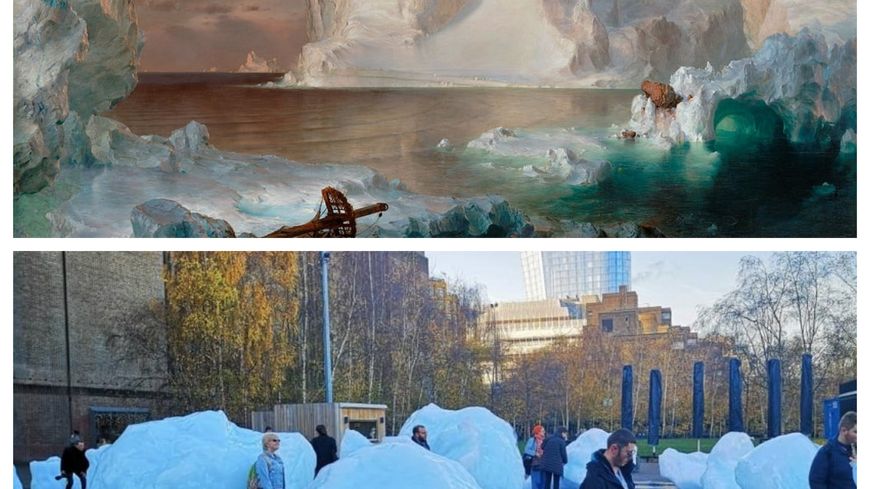 En haut : "The Icebergs", Frederic Edwin Church (1861). En bas : "Ice Watch London", Olafur Eliasson and Minik Rosing, Tate Modern, December 2018. Photo de Nia Shaw.