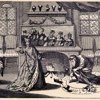 Nostradamus utilisant son miroir magique pour prophétiser le sort des rois de France de Catherine de Médicis.