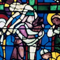 La Descente de la Croix, vitrail de la Cathédrale de Chartres (XIIIème siècle)
