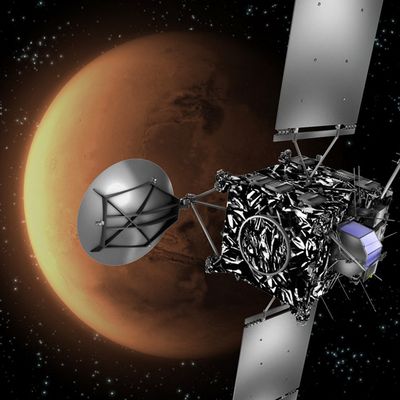 Dessin de la sonde européenne Rosetta devant la planète Mars