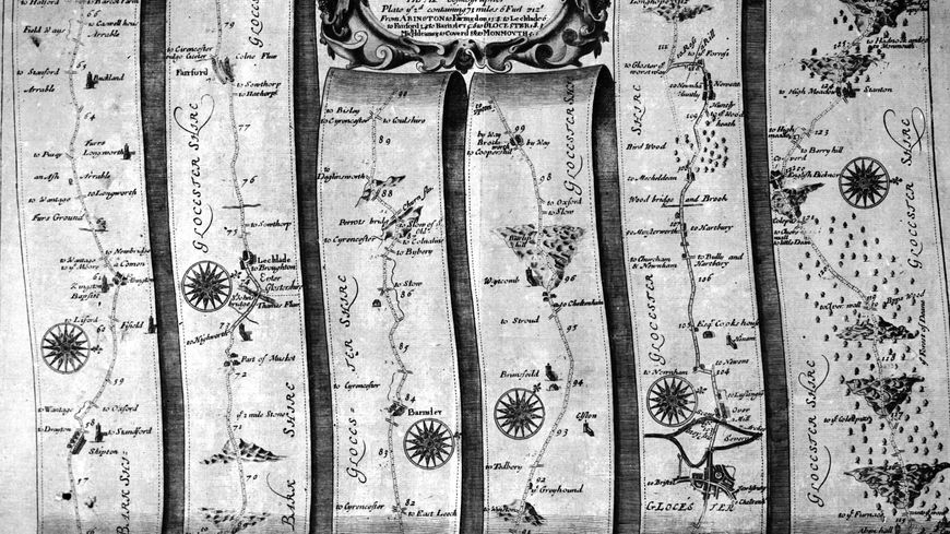 Carte du prolongement de la route reliant Londres à St David, portion d'Abington jusqu'à Monmouth, publiée dans le Britannia Atlas du cartographe écossais John Ogilby, vers 1675.