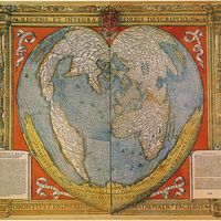 Mappemonde en forme de coeur montrant notamment la terre australe, dessinée entre 1534 et 1536, par Oronce Fine, mathématicien, astronome et cartographe français (1494-1555).