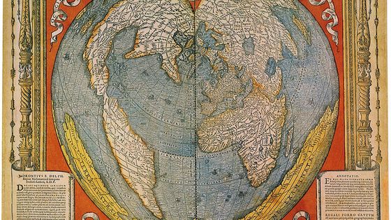 Mappemonde en forme de coeur montrant notamment la terre australe, dessinée entre 1534 et 1536, par Oronce Fine, mathématicien, astronome et cartographe français (1494-1555). ©Getty - © Heritage Images / Coll. Hulton Archive