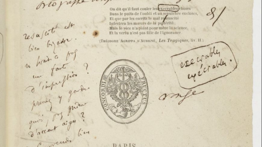 Frontispice des Fleurs du mal, épreuves corrigées par Baudelaire, 1857