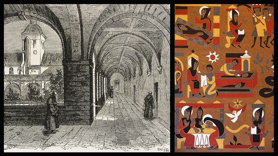 Moînes dans le cloître de l'Abbaye de Solesmes -L'illustrazione Universale (1875) / Tapisserie illustrant la vie de Saint-Benoît - Godonc - Universal Images Group ©Getty