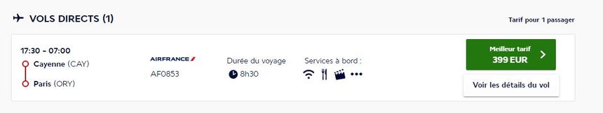 Un billet aller depuis Cayenne en Guyane à destination de la France pour le mercredi 14 avril 2021 / Site d'Air France