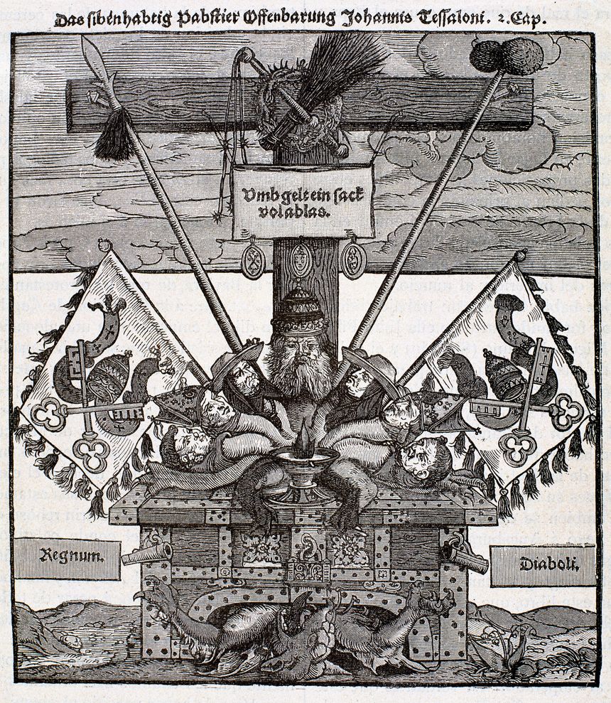 "La papauté à sept têtes", gravure sur bois représentant un monstre diabolique composé de têtes du pape, de cardinaux et de moines sous un certificat d'indulgence, publiée en réponse à une image représentant Luther avec sept têtes, vers 1530