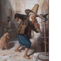 François Auguste Biard : L’Aveugle, le chien et le perroquet, 1846. Huile sur toile, 27,5 × 22 cm. Collection particulière