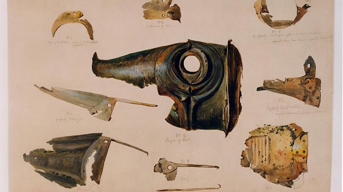 Aquarelle représentant les pièces du carnyx de Deskford, cinquante ans après sa découverte en 1816