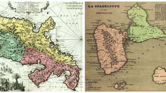 Carte de la Martinique (1750) et carte de la Guadeloupe. Photo: Historic Maps/ullstein bild et Universal History Archive. ©Getty