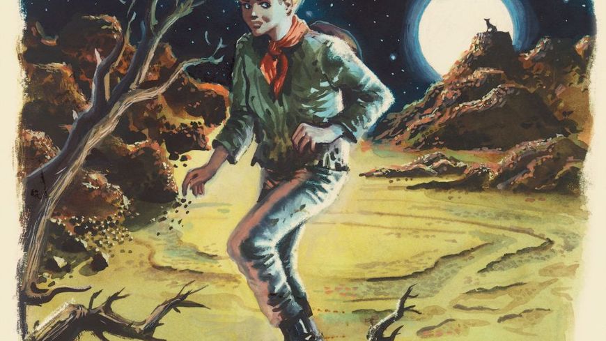 Jeune pionnier la nuit et loup hurlant à la lune. Dessis nord-américain.
