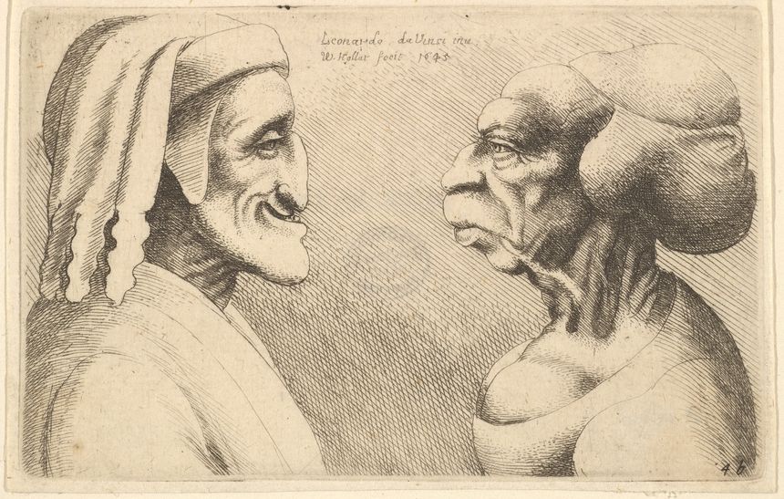 Deux têtes déformées, par Wenceslaus Hollar d'après Léonard de Vinci, 1645. Le personnage de droite pourrait être une caricature de Dante.