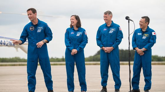 L'équipe de la mission Alpha : Thomas Pesquet, Megan McArthur, Shane Kimbrough et Akihiko Hoshide ©AFP - Aubrey GEMIGNANI / NASA