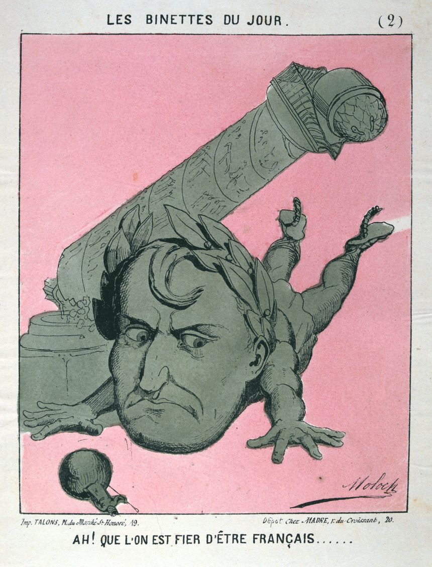 Caricature de Napoléon titrée "Ah ! Que l'on est fiers d'être français...", et faisant référence à la destruction de la colonne Vendôme lors de la Commune de Paris en 1871, signée Moloch.