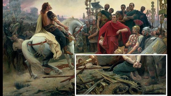 Carnyx (trompe gauloise) dans un détail de "Vercingétorix devant César" (Lionel Royer, 1899)