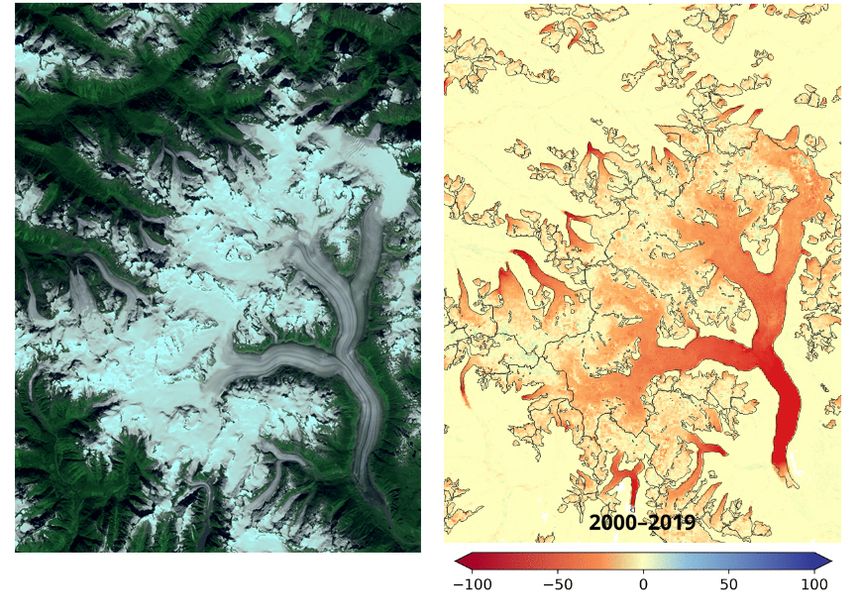 Un exemple de la cartographie du CNRS, avec ici l'amincissement (à droite) de glaciers situés au Canada (à gauche, la même zone en image satellite)