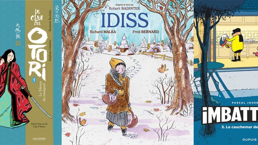 Couverture du Clan des Otori par Stéphane Melchior et Benjamin Bachelier, d'Idiss par Robert Badinter, Fred Bernard, et Richard Malka, et d'Imbattable 3 par Pascal Jousselin