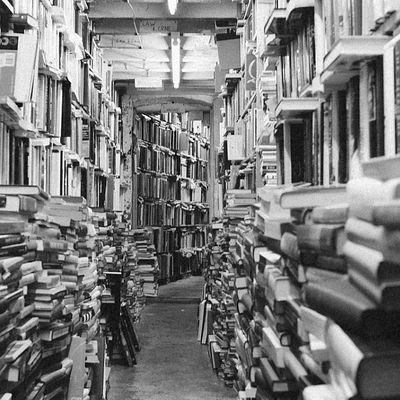Des livres empilés dans une librairie.