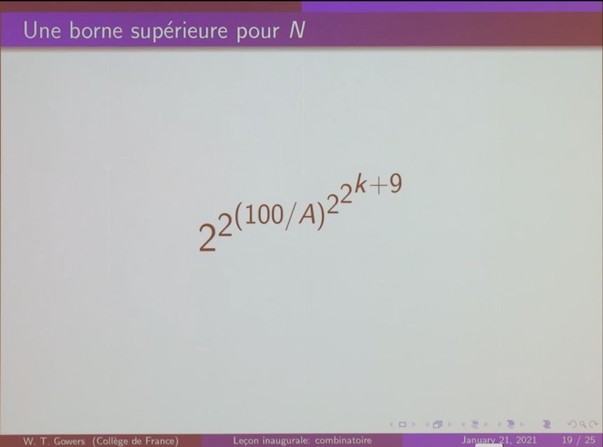 Borne supérieure pour N, trouvée par Timothy Gowers, présentation extraite de sa leçon inaugurale