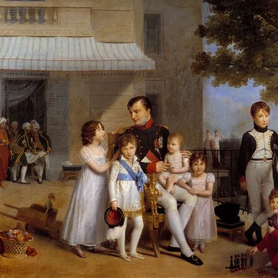 Napoléon entouré de ses nièces et neveux à Saint-Cloud, un an avant qu'il ne devienne père du futur roi de Rome, peinture de Louis Ducis, 1810