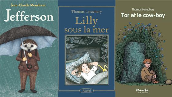 Couvertures de "Jefferson" de Jean-Claude Mourlevat, "Lilly sous la mer" et "Tor le cow-boy" de Thomas Lavachery - Gallimard Jeunesse // Ecole des loisirs