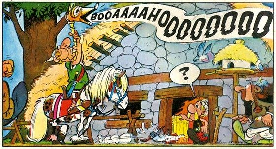 Représentation quasi exacte du carnyx de Deskford dans "Astérix - le Combat des Chefs"