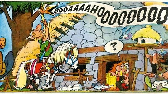 Représentation quasi exacte du carnyx de Deskford dans "Astérix - le Combat des Chefs"