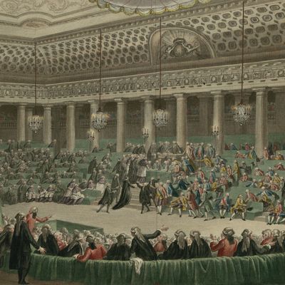 Assemblée nationale - abandon de tous les privilèges à Versailles, séance de la nuit du 4 au 5 août 1789. Charles Monnet, peintre du roi et Isidore Helman (graveur). source Gallica. (Wikipédia)